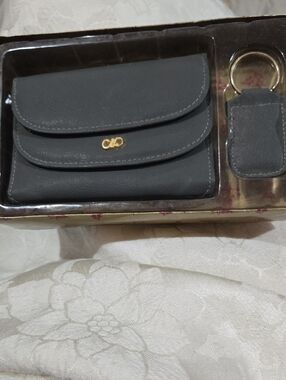 Vintage Gray Card Wallet Set with Keyring